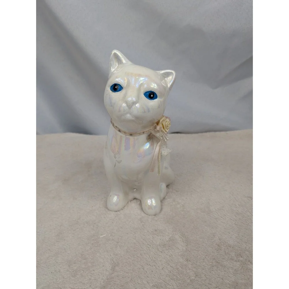 Vintage Iridescent White Cat Figurine Blue Eyes Ceramic 6